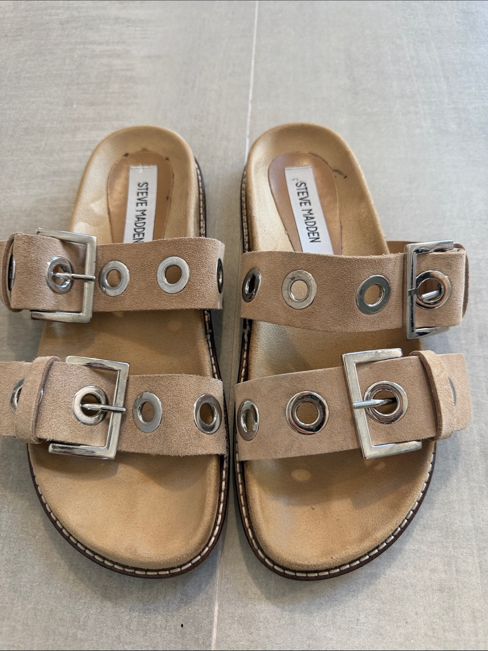 Steve Madden Beige Suede Double Buckle Slide Sandals